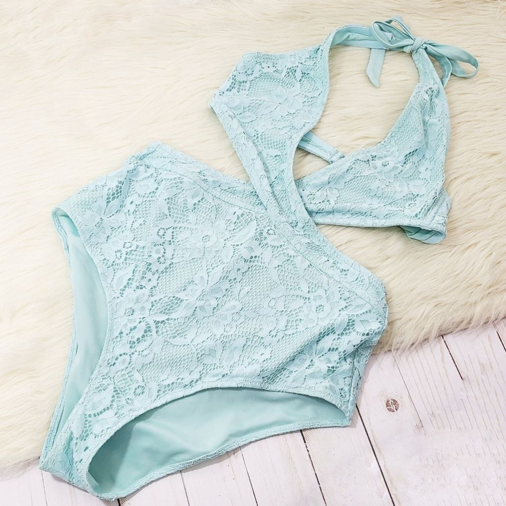 Asos Wolf & Whistle lace plunge swimsuit aqua blue monokini one piece sz 12 NEW